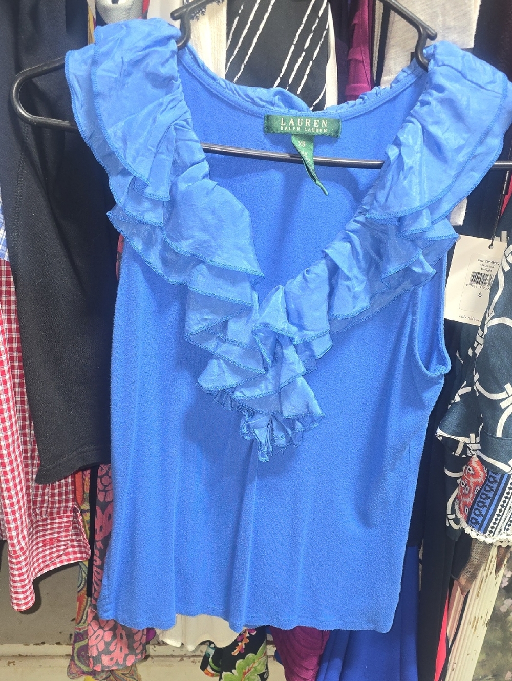 Lauren Ralph Lauren Blue Ruffled V-Neck Sleeveless Top